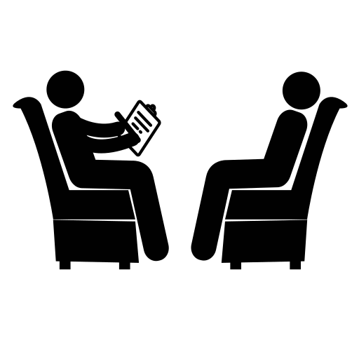 An outline image of two people sitting across from each other in chairs, one with a clipboard assessing the other.