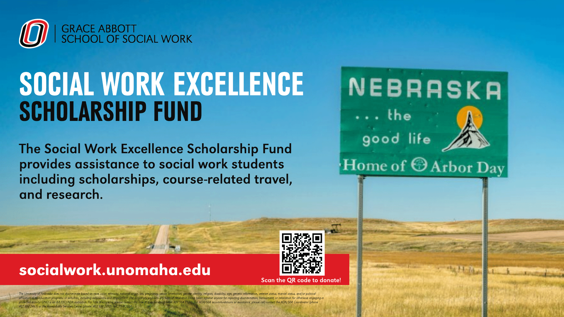 Nebraska state sign with information about Social Work Excellence Scholarship Fund 