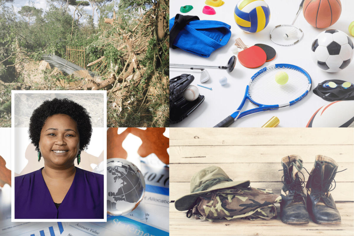 Four images, one of sports equipment, one military boots and uniform, one natural disaster, and one of paper dolls.