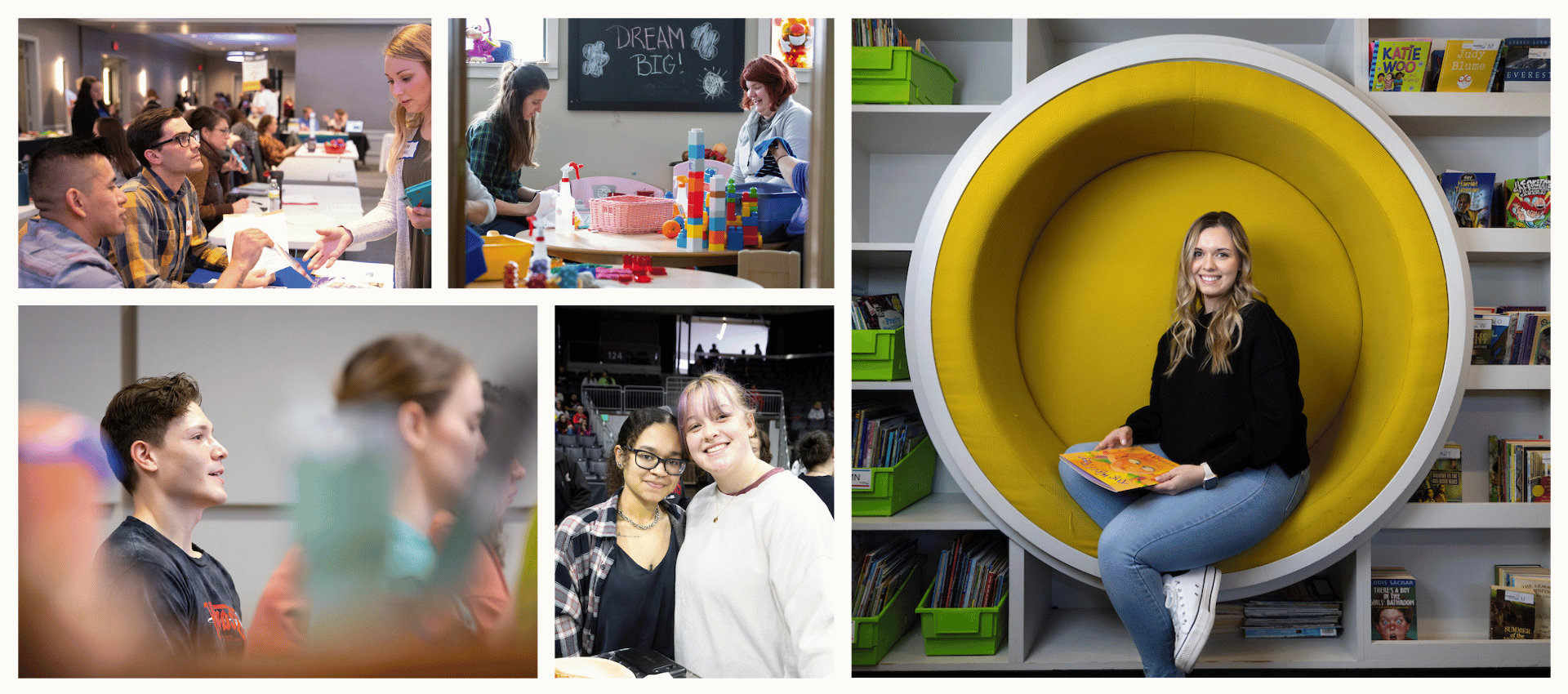 Multiple images of students sitting and talking, listening in class, and working in a child care center.