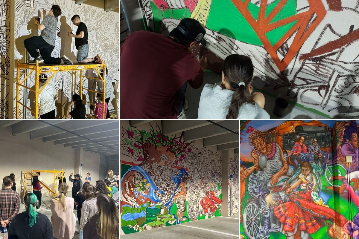 a collage of photos showing the process of the mural from start to finish