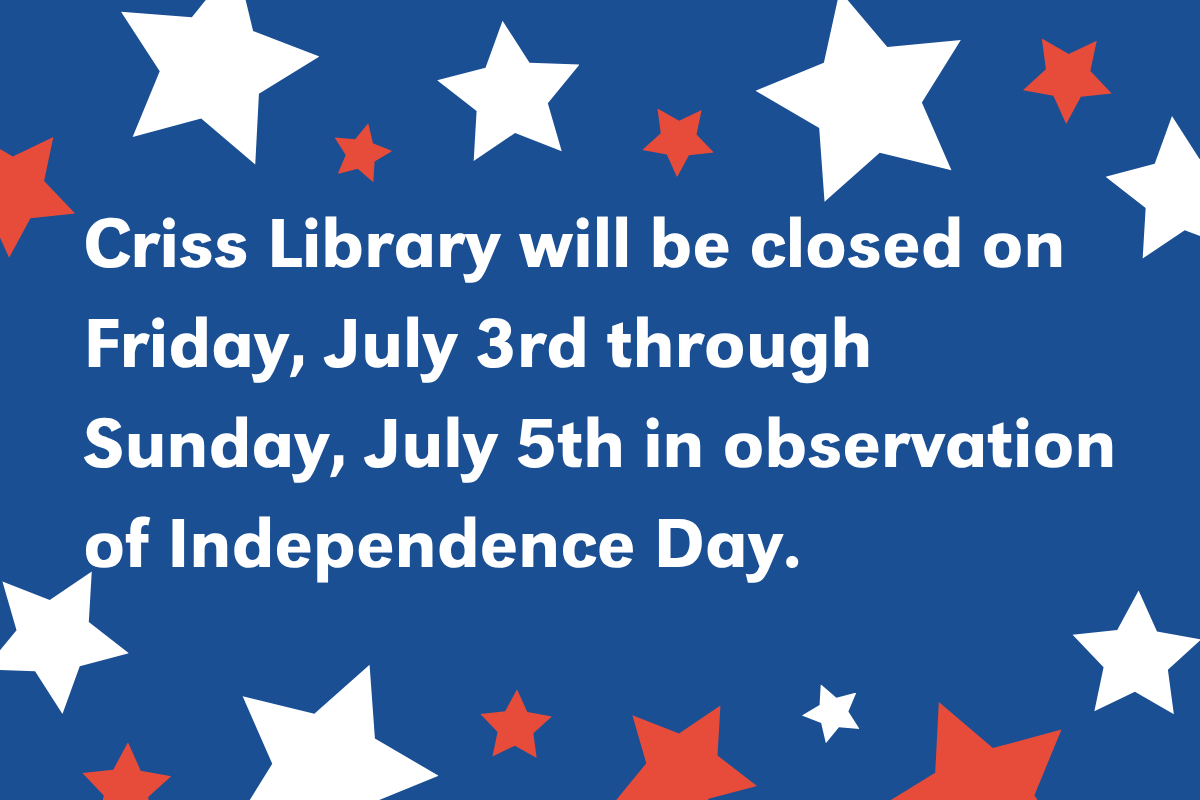 a blue background with red and white stars on it. There is text in the center that says 'Criss Library will be closed on Friday, July 3rd through Sunday, July 5th in observation of Independence Day.'