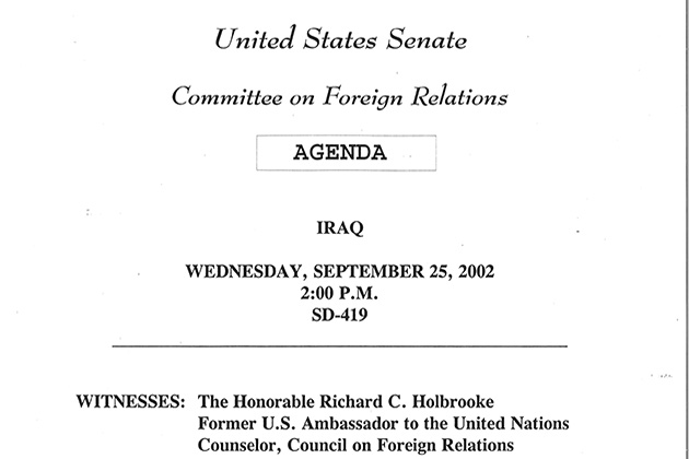 Top half of agenda from a Foreign Relations Committee hearing on Iraq.