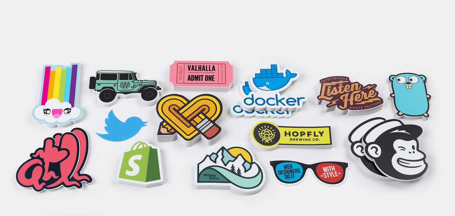 Samples of various die cut stickers for commercial application.