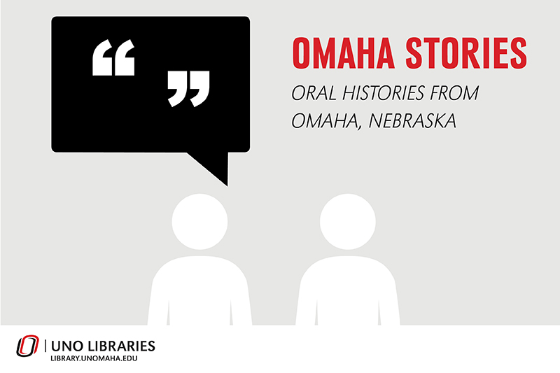 Graphic for Omaha Stories: Oral Histories from Omaha, Nebraska features a conversation bubble and figures representing two people talking