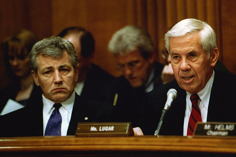 Photo of Senators Hagel and Lugar at a Foreign Relations Committee hearing.