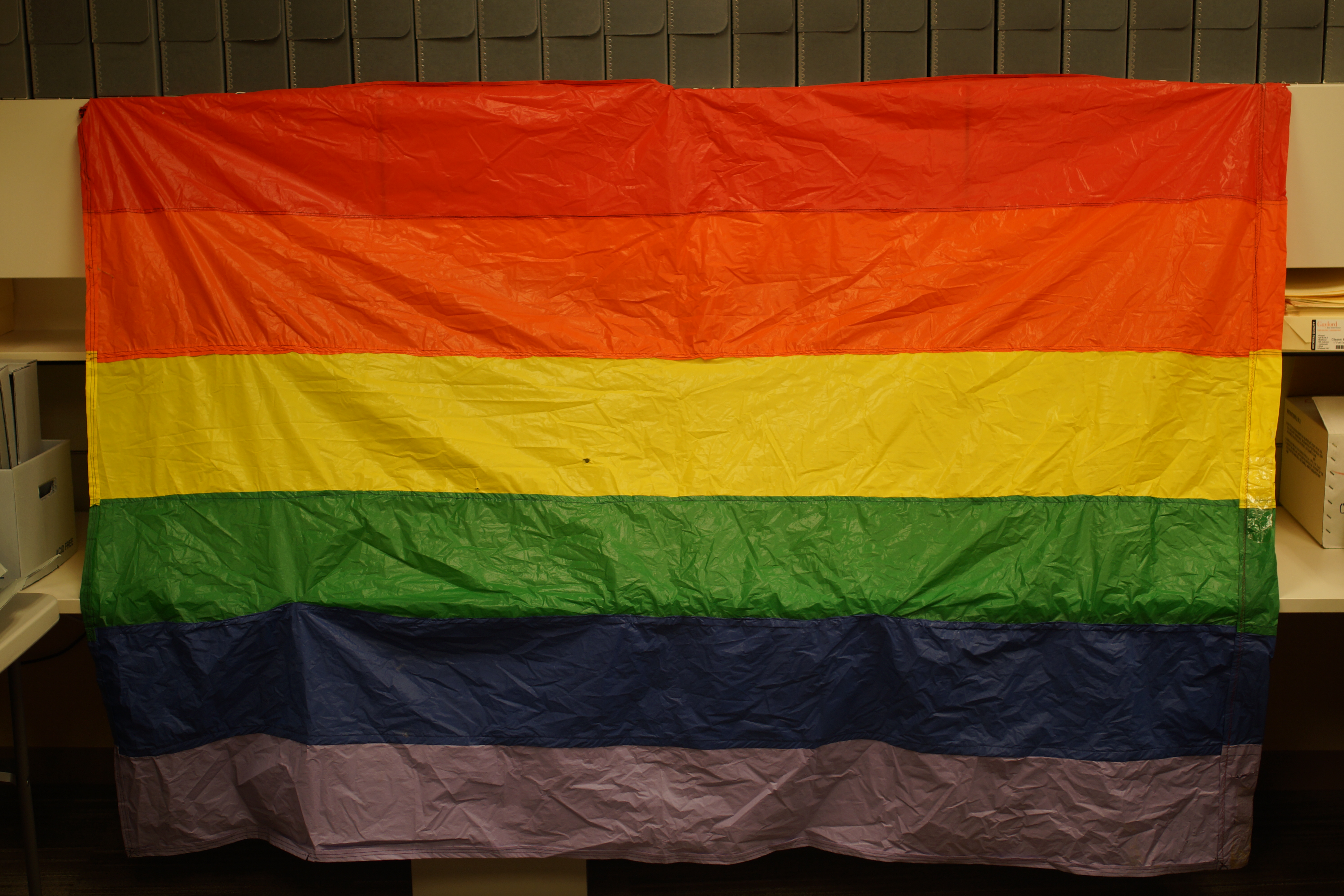 Rainbow Pride flag hanging in UNO Libraries' Archives and Special Collections