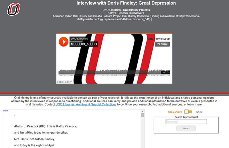 Screenshot of Doris Findley oral history interview available online for listening or reading the transcript.
