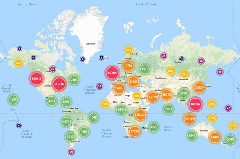 Map of continents showing pings for users