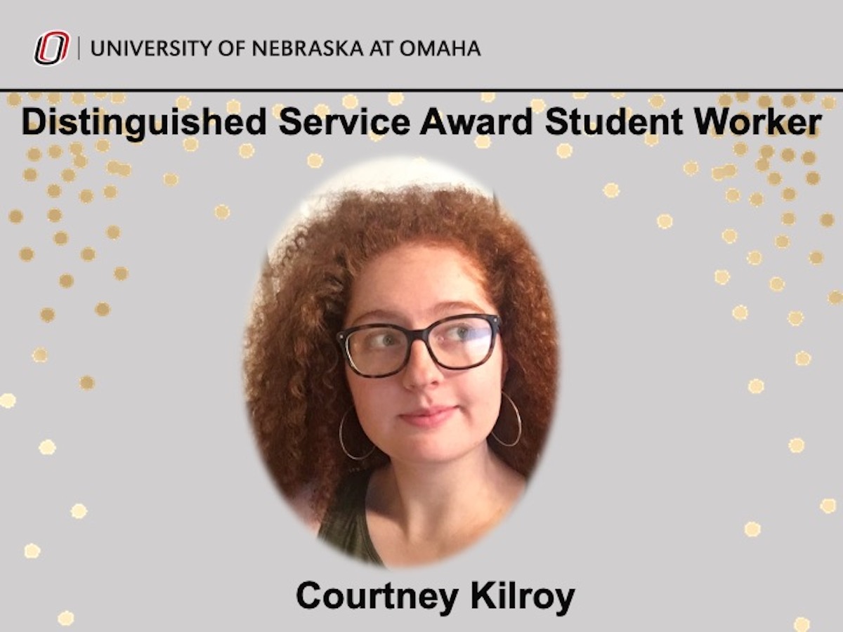 PowerPoint Slide for Courtney Kilroy, recipient of the student worker Distinguished Service Award
