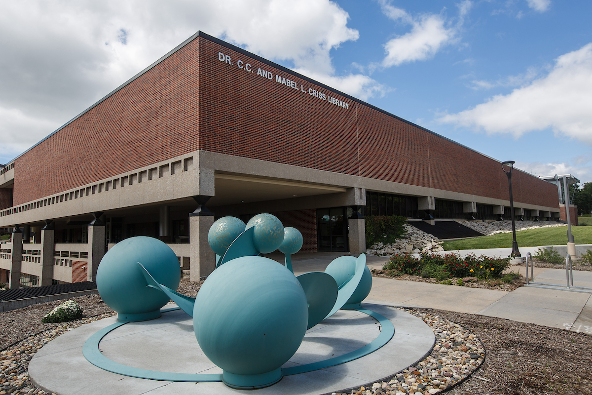 exterior image of Criss Library with blue sculpture 