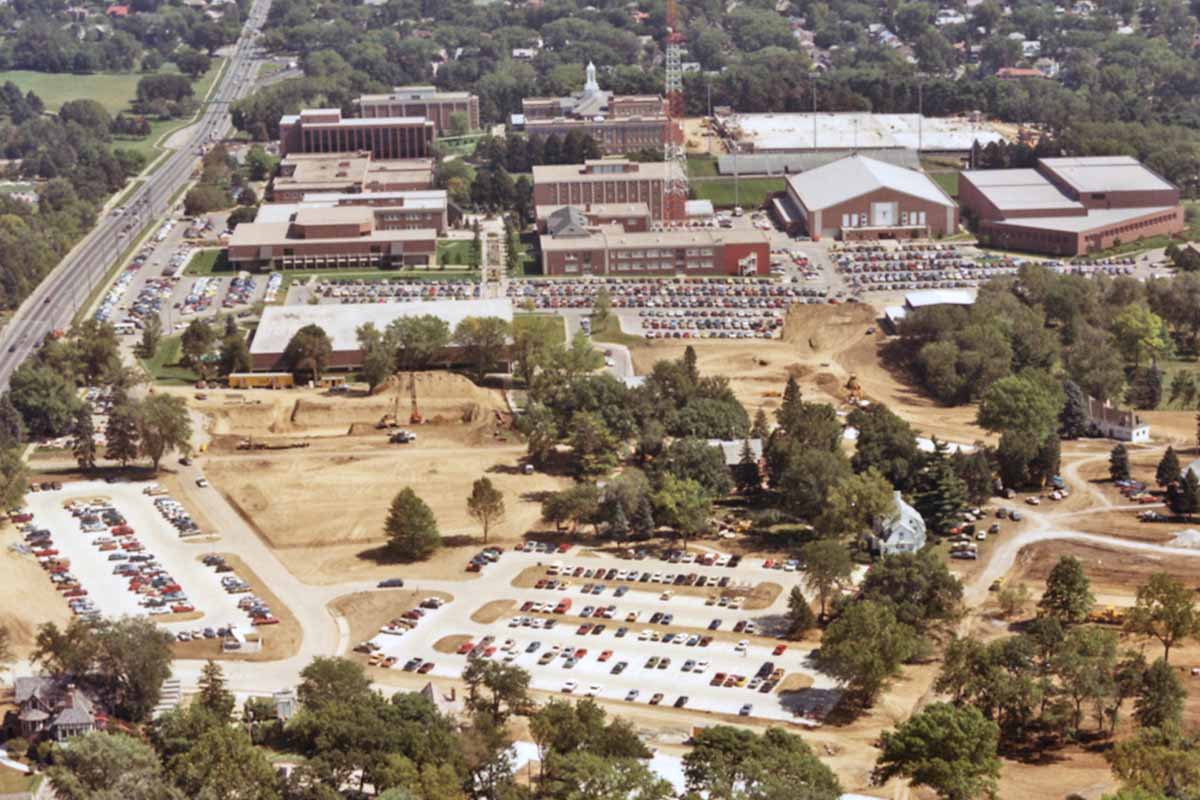 An aerial photo of campus from the 1980s