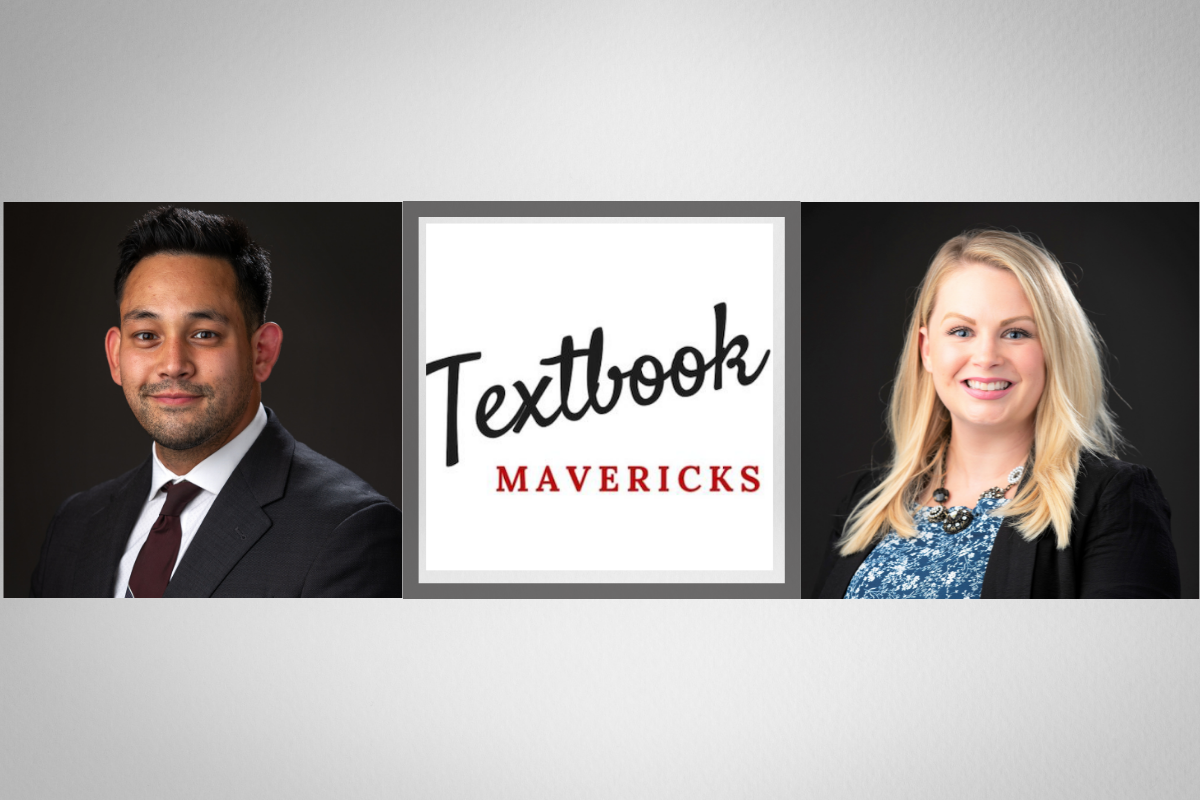 grey background with a headshot photo of Cameron Logsdon on the left, the Textbook Mavericks logo in the middle, and a headshot photo of Stephanie Larsen on the right.