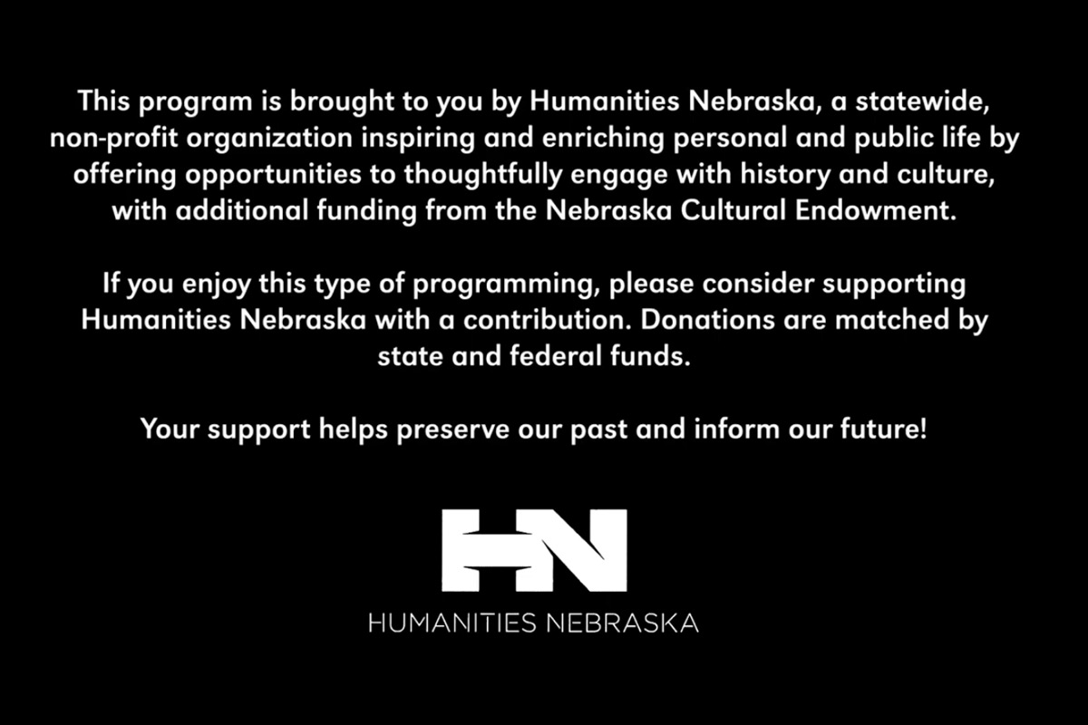 black background with white text about humanities nebraksa and the humanities nebraska logo