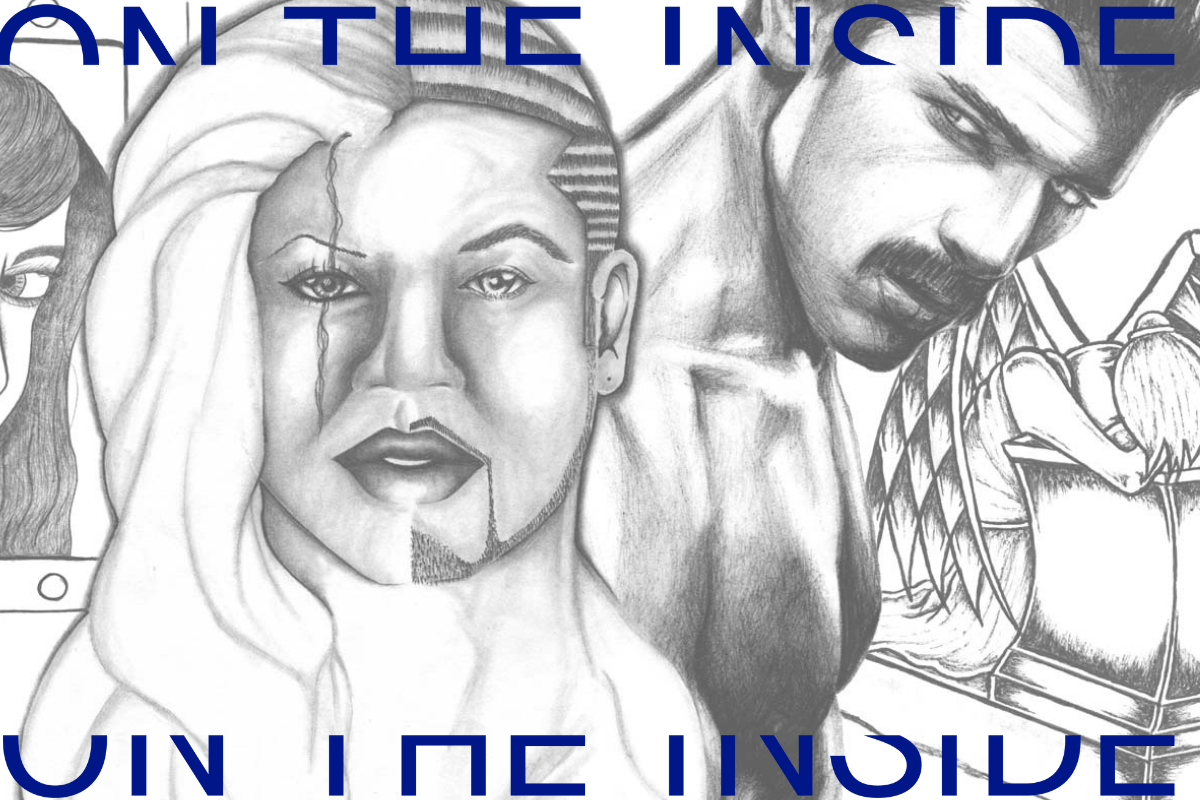 black and white drawn image of a person who has both long hair and make up on one side, and short hair, no make up on the other side. On the right side behind, a pencil drawing of a shirtless man with a mustache.