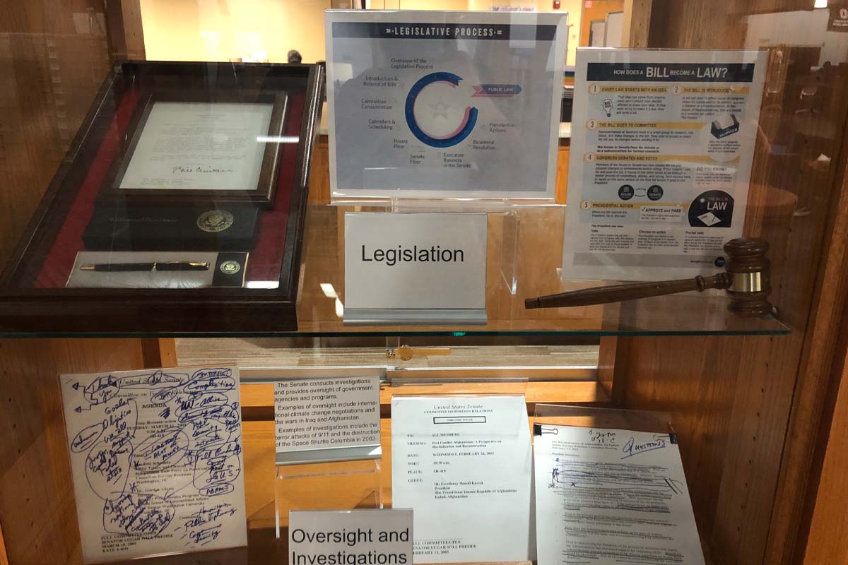 documents about legislation and oversight and investigations in a display case as part of an exhibition