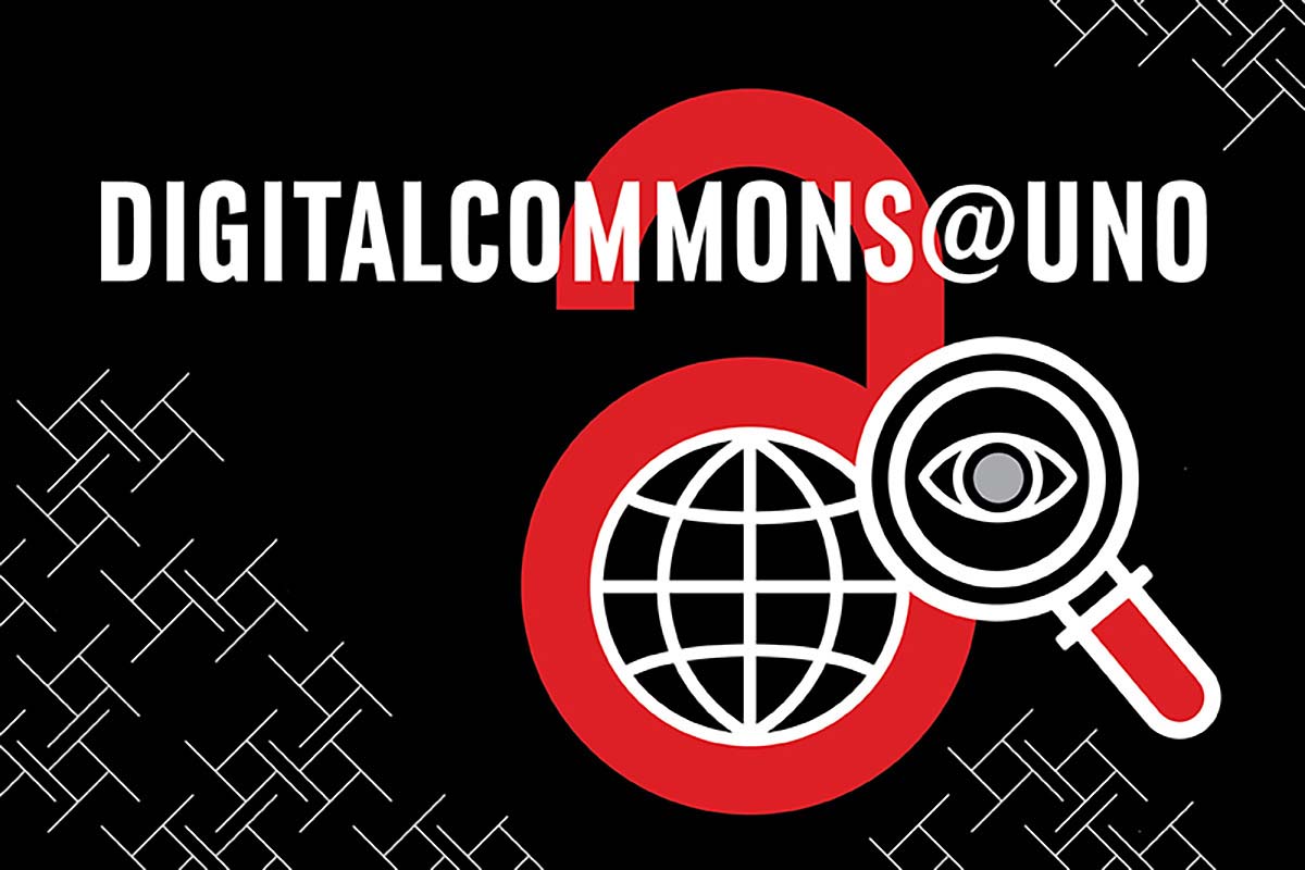 black background with hexagon patterns on the lower left and right side, in the middle a graphic of a red, open padlock and red magnifying glass with the words 'Digital Commons@UNO' across the top