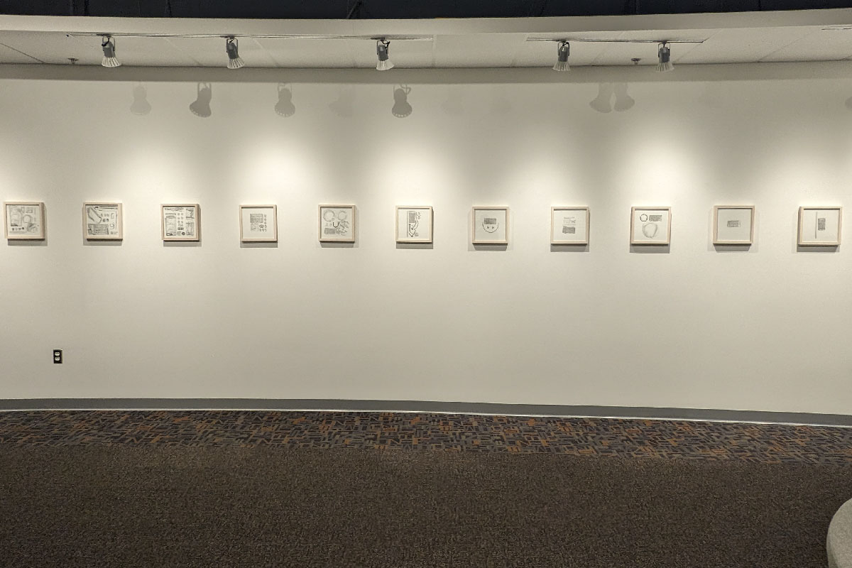 a series of black and white pencil drawings hanging in white frames on a wall 