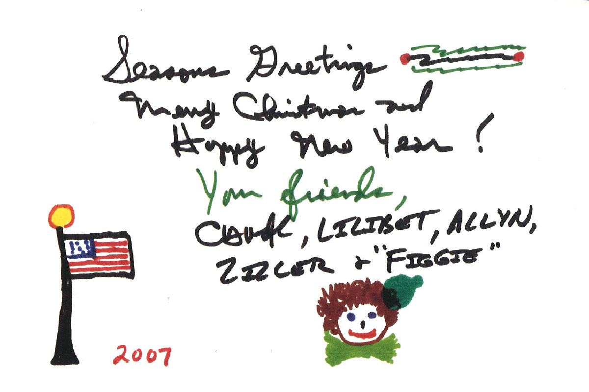 handwritten words with holiday messages and a hand drawn smiling face and american flag