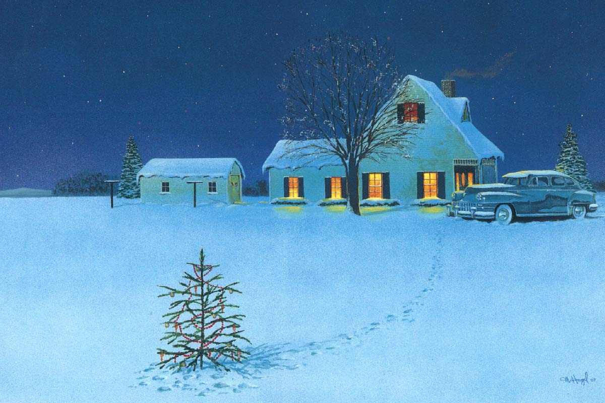 a holiday card with a car, garage, and house on a snowy hill 