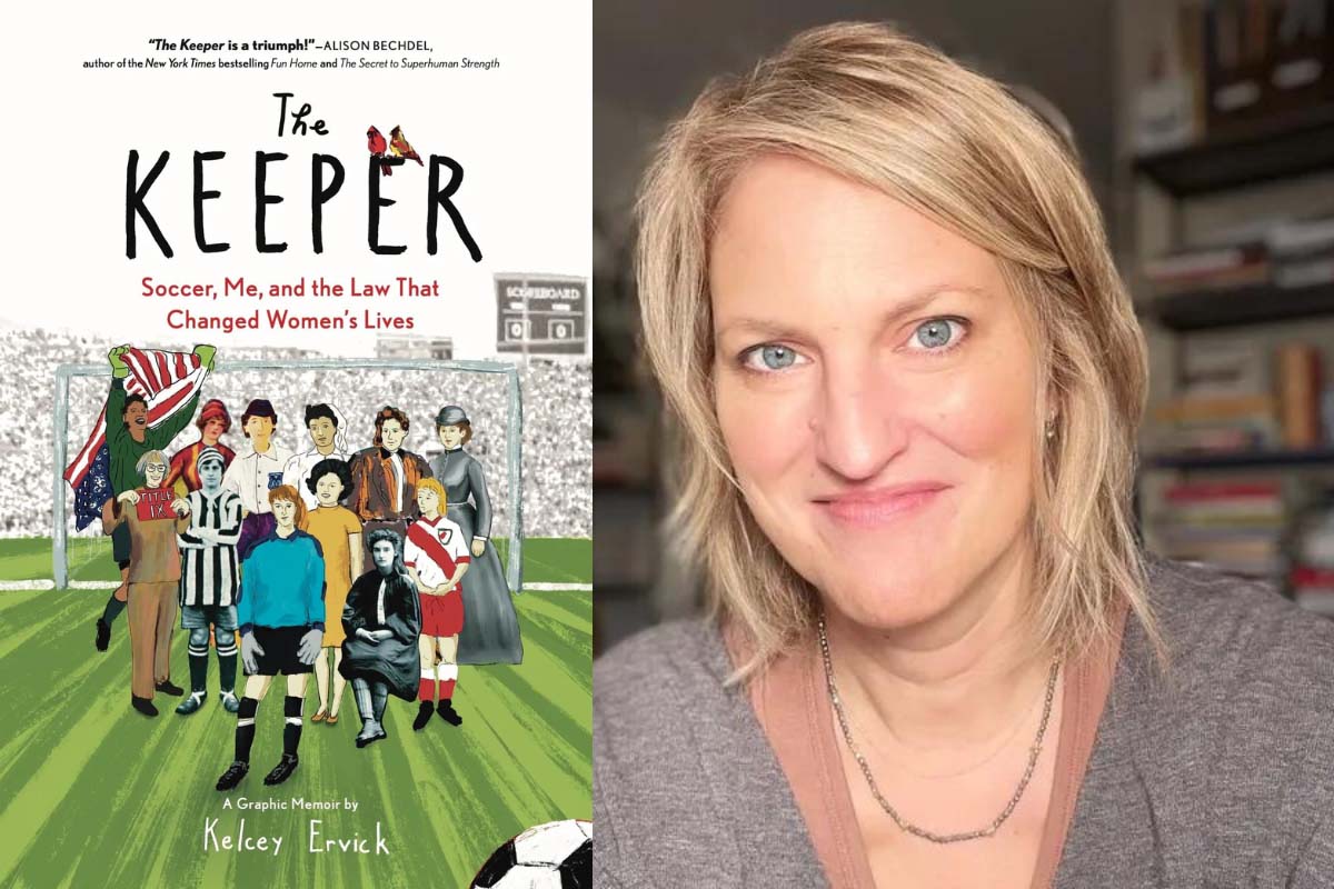 on the left side of the photo it is the cover of a graphic novel called The Keeper with soccer players and on the right side is a photo of the author, smiling at the camera