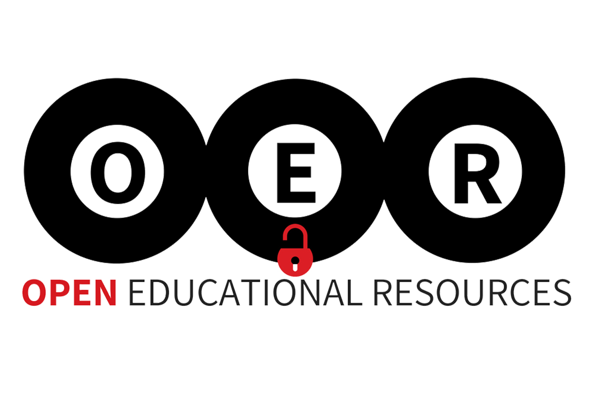 three black circles each with a letter in them spelling out 'oer' with a padlock in the middle circle, below the letter. Underneath it says 'open educational resources'