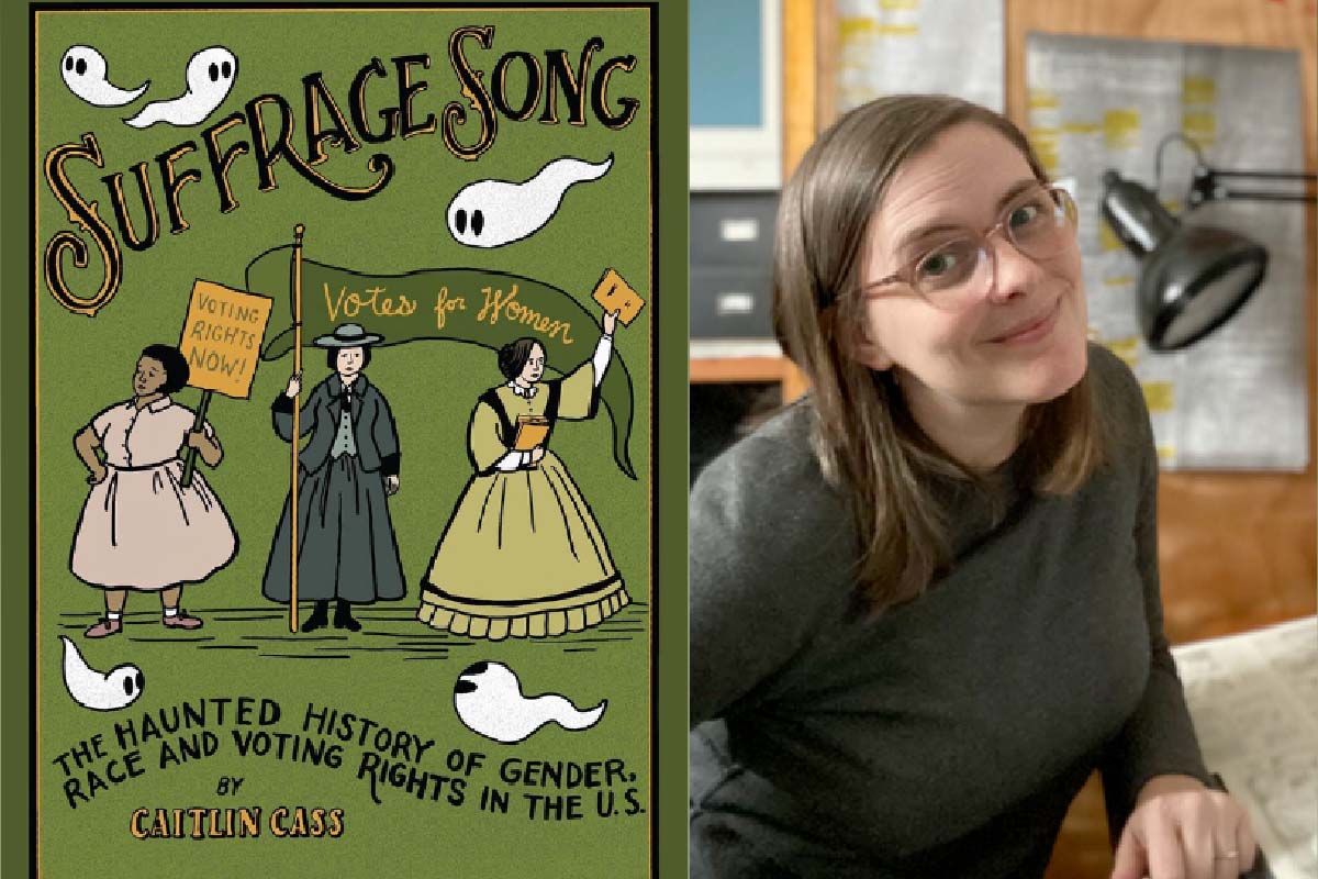 a photo on the left of a book cover with illustrations of suffragettes and on the right side there is a photo of a woman with glasses smiling at the camera