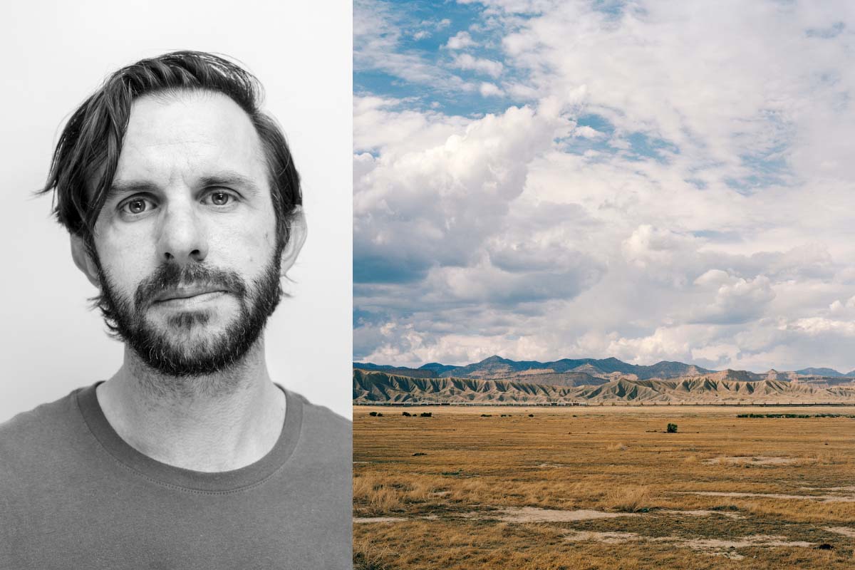 a black and white headshot of a man on the left side and on the right a photograph of Thompson Springs landscape