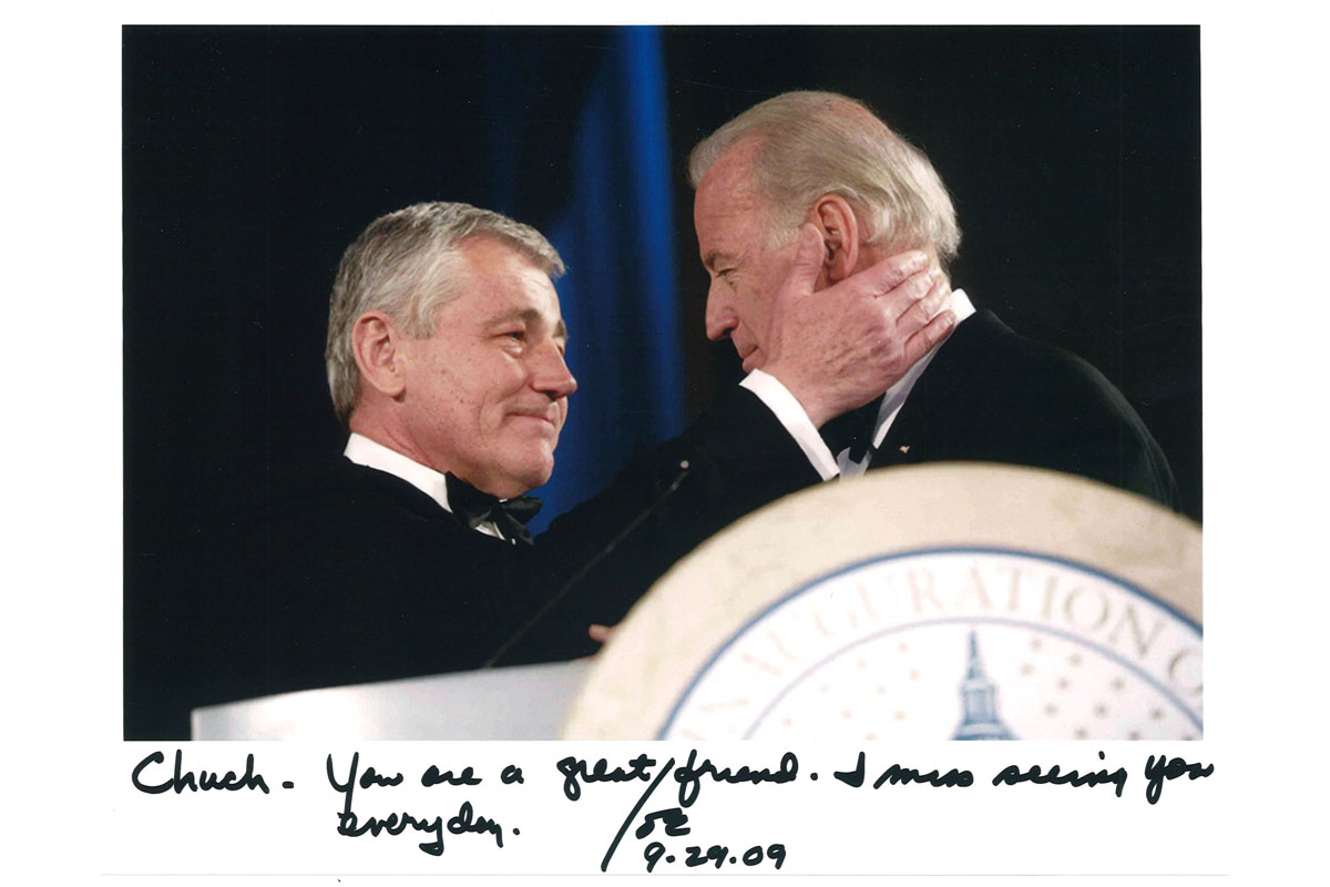 Chuck Hagel with Vice President Joe Biden during Obama’s inauguration, 2009.