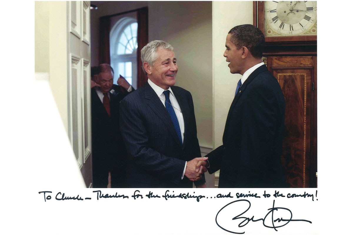 Chuck Hagel with President Barack Obama at the White House, 2009.