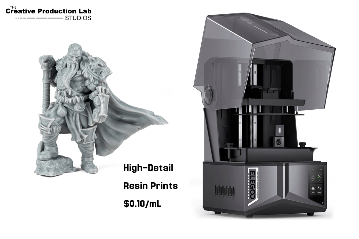 3D-printed figurine and ELEGOO resin 3D printer.