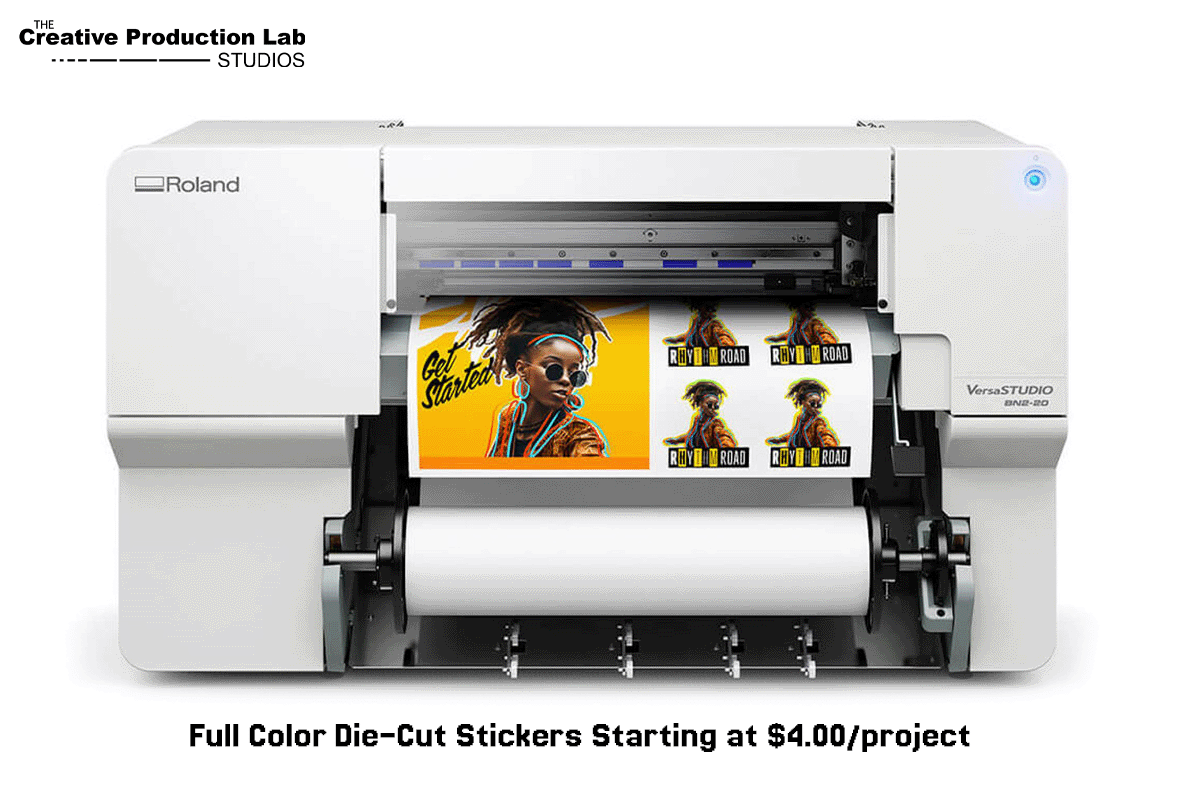 A Roland printer producing full-color die-cut stickers featuring a stylish woman and a promotion for stickers starting at $4.00 per project.