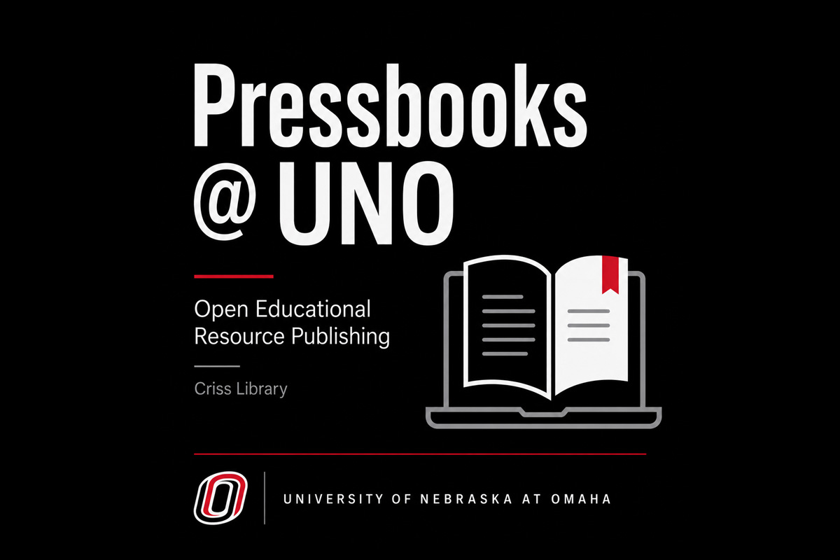 Black graphic promoting Pressbooks @ UNO’s open educational resource publishing and Crisis Library, with an open-book icon and University of Nebraska at Omaha branding.