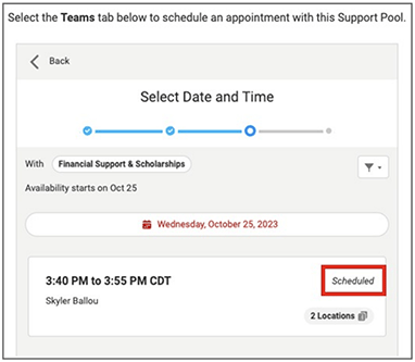 screenshot of mavconnect scheduling an appointment