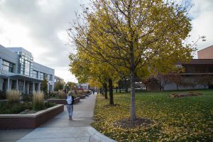 woman walking on campus