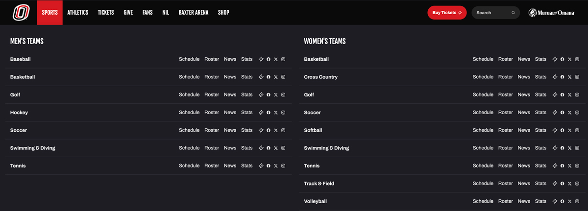 A screenshot of the Omaha Mavericks homepage.