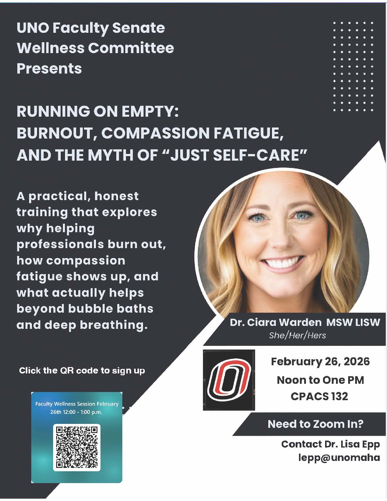 A flyer for the February Wellness Session led by Dr. Ciara Warden