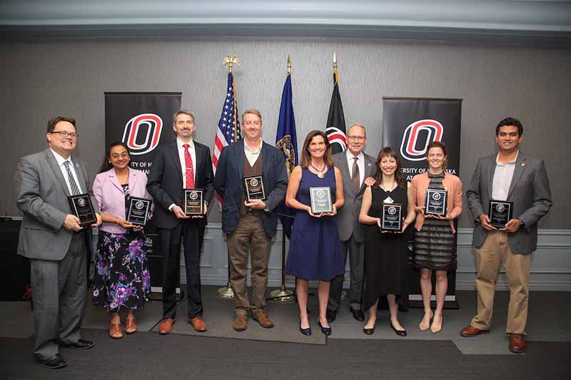 2017 Alumni Outstanding Teaching Award Winners with Chancellor John Christensen (l. to r.): Christopher M. Kelly, Roopa Venkatesh, David Yuill, James Wilson, Tammie M. Kennedy, Martina Saltamacchia, Jessica L. Hagaman, and Abhishek Parakh.