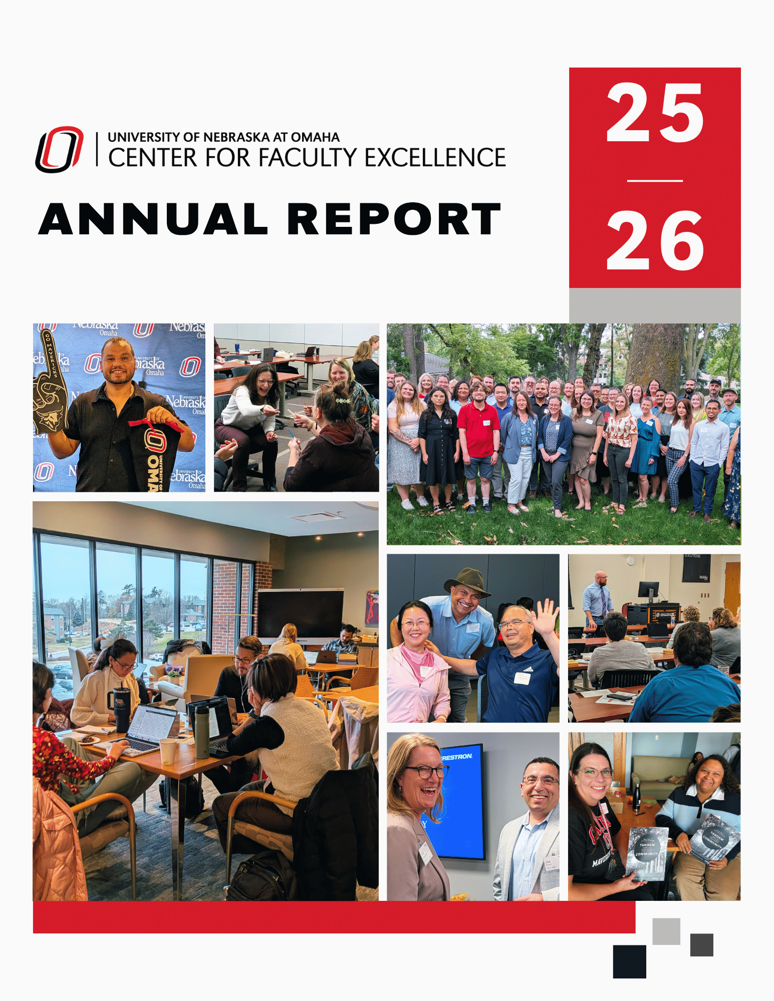 The cover of CFE's latest annual report, which features a collage of photos of faculty at various CFE events.