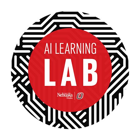 Red circle with white text reading "AI Learning Lab" over a black and white circuit pattern, with University of Nebraska Omaha logo.