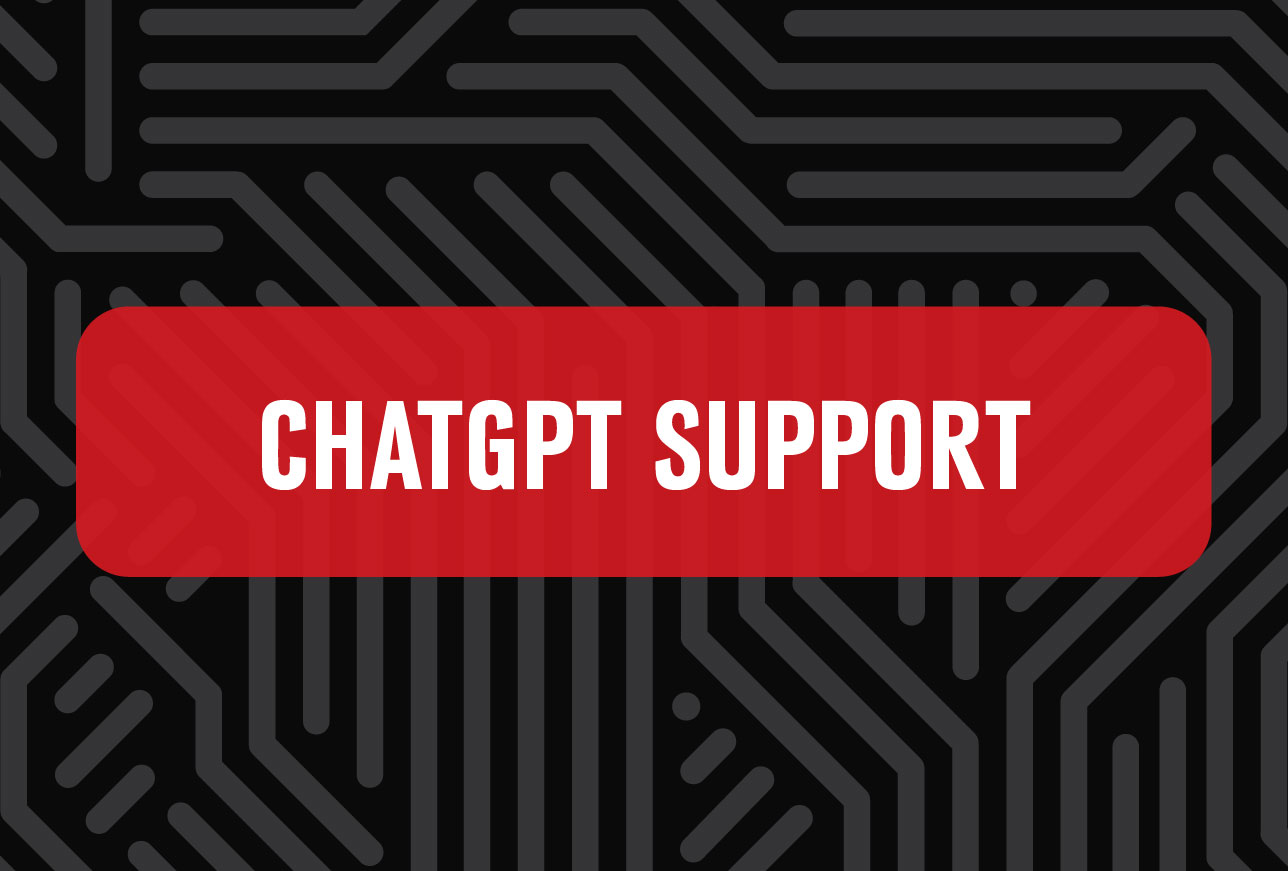 Red banner with white text reading "ChatGPT Support" over a dark circuit-style patterned background.