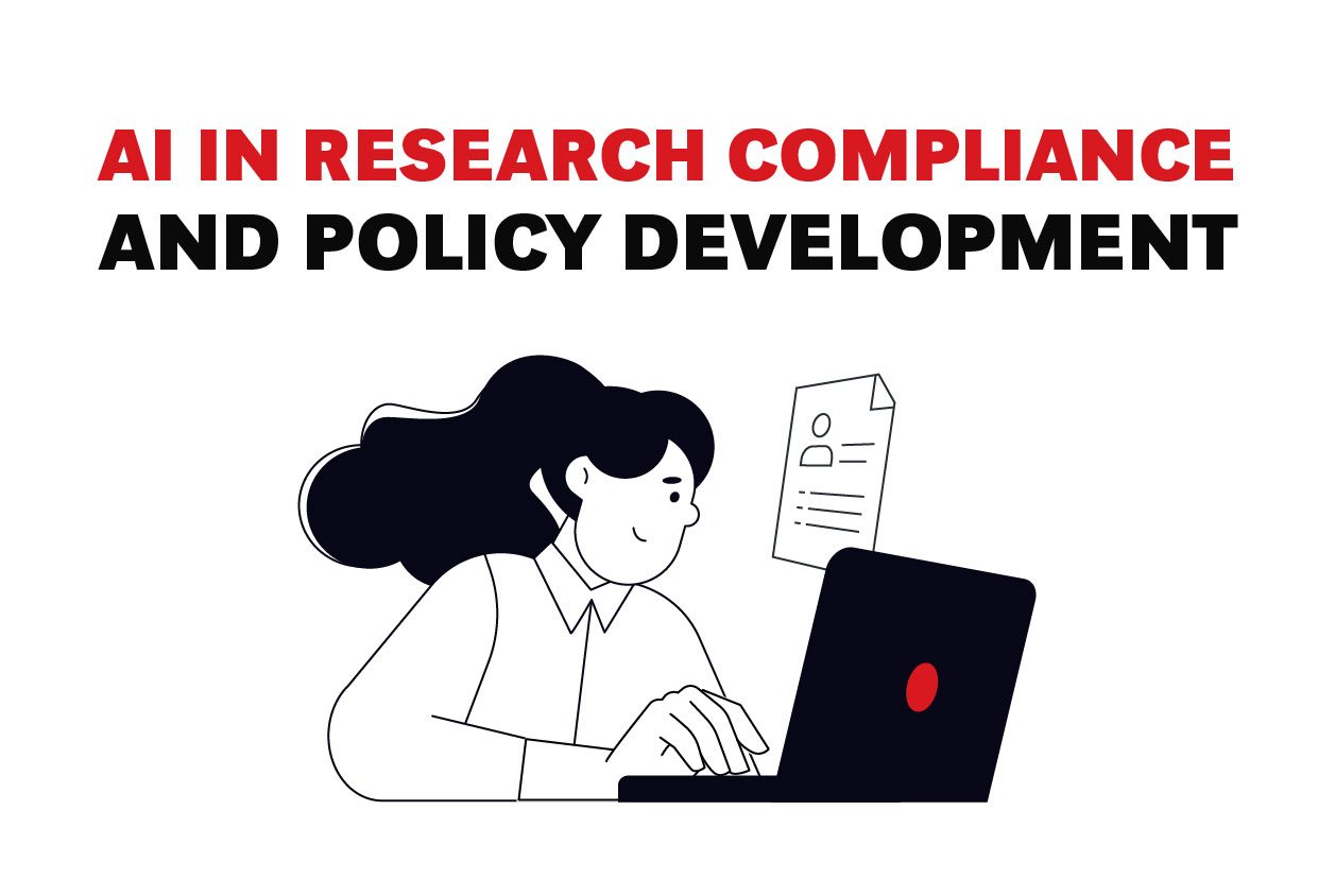 Illustration of a woman working on a laptop with a document icon, accompanied by the headline "AI in Research Compliance and Policy Development" in bold red and black text
