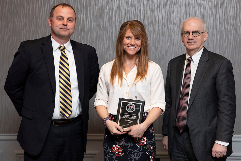 Erica Rose of Teacher Education accepts the Outstanding Innovation in Teaching with Technology Award during the Faculty Honors Convocation in the Thompson Alumni Center at the University of Nebraska at Omaha in Omaha, Nebraska, Thursday, April 11, 2019.