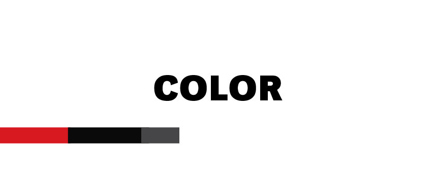 Card labeled 'Color' in bold black text centered on a white background, with a red, black, and gray horizontal bar underneath.