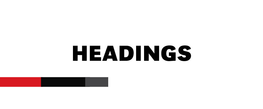 Card labeled 'Headings' in bold black text centered on a white background, with a horizontal color bar in red, black, and gray beneath it.