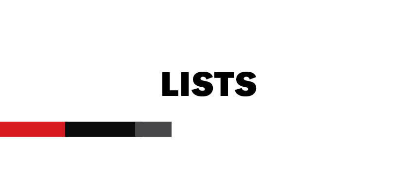 Card labeled 'Lists' in bold black text on a white background, with a horizontal bar in red, black, and gray below the label.