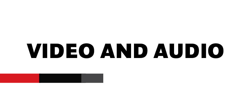 Card labeled 'Video and Audio' in bold black text centered on a white background, with a horizontal color bar in red, black, and gray below.