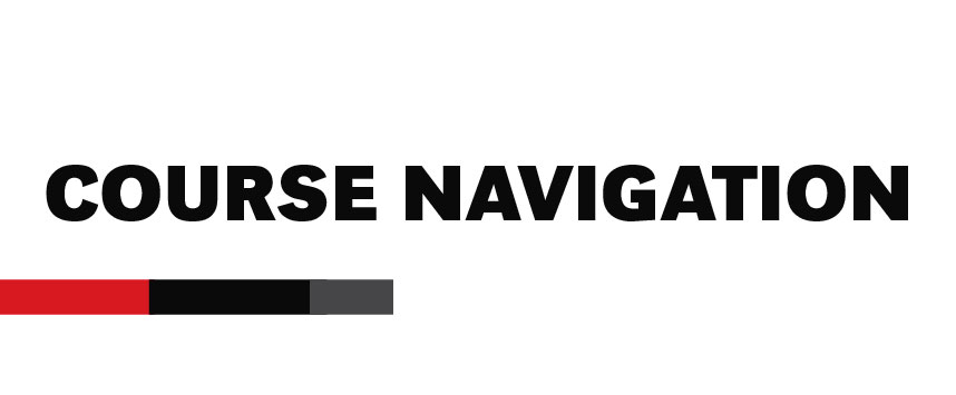Card labeled 'Course Navigation' in bold black text centered on a white background, with a horizontal color bar in red, black, and gray below.