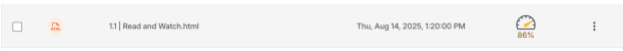 File entry showing 'Read and Watch.html,' scanned on Thursday, August 14, 2025, at 12:00 PM, with an accessibility score of 86%.