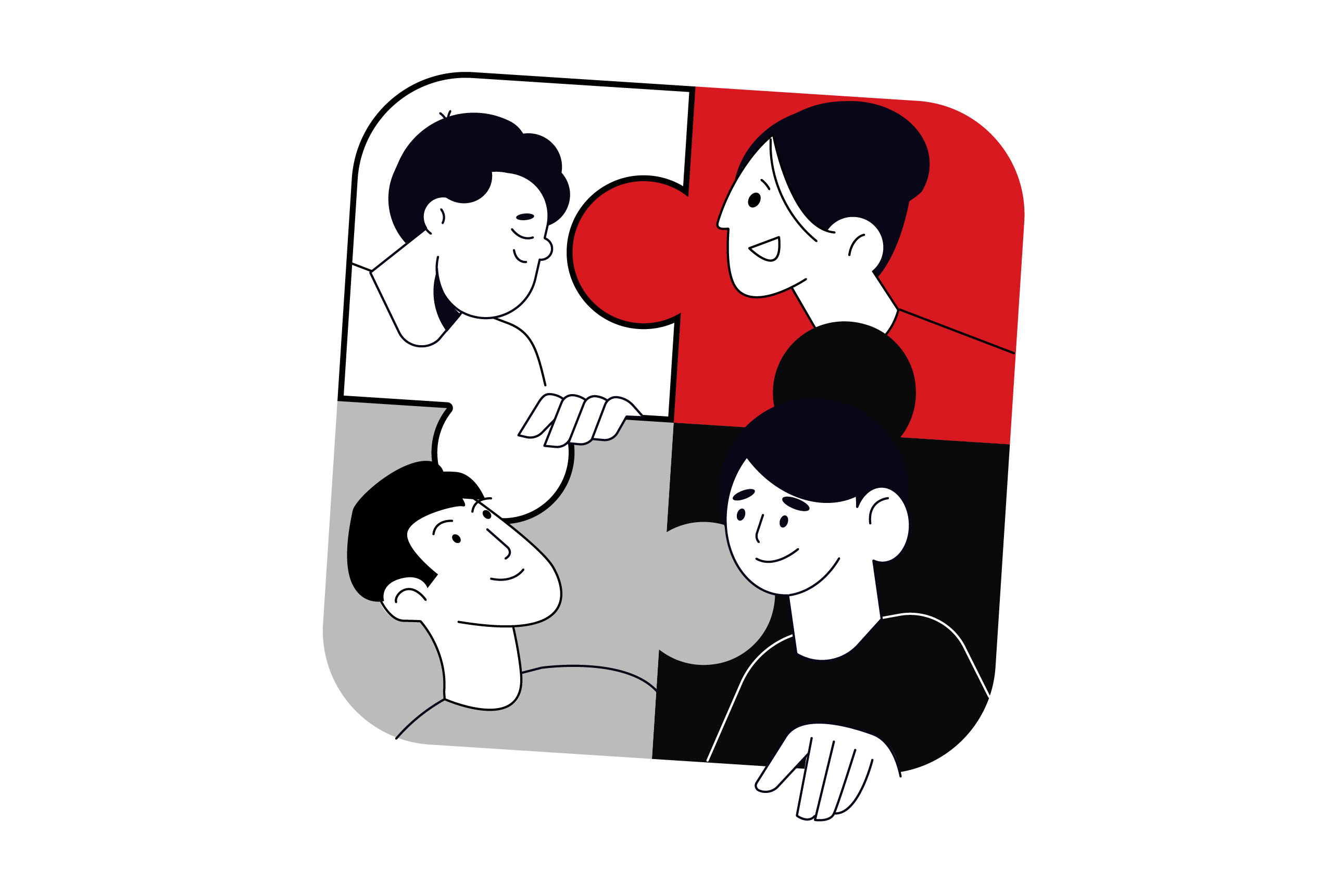 Illustration of four people connected by interlocking puzzle pieces, representing collaboration, teamwork, communication, and diverse perspectives.